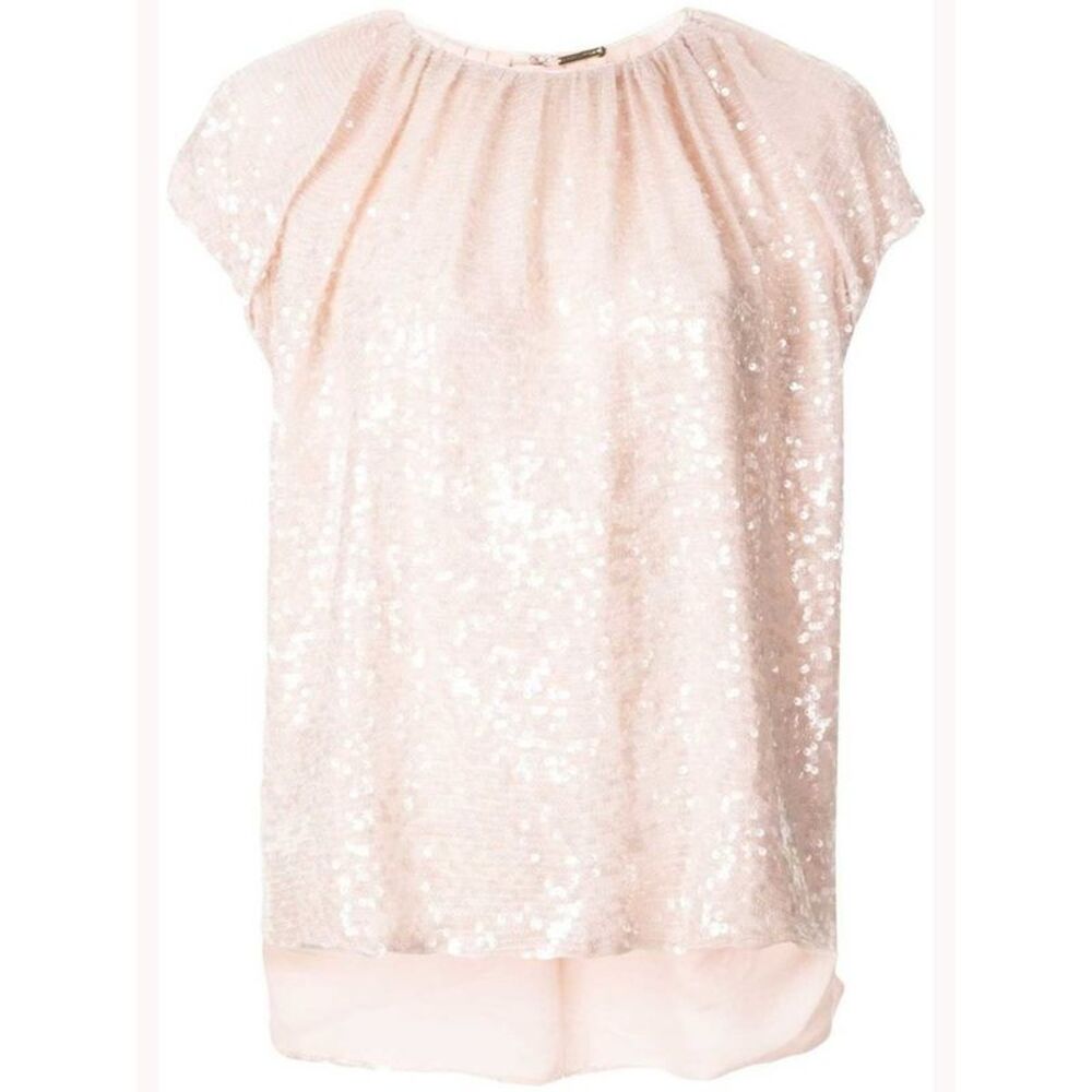 Adam Lippes Womens Pink Sequined Short Sleeve Jewel Neck Top Size: 4